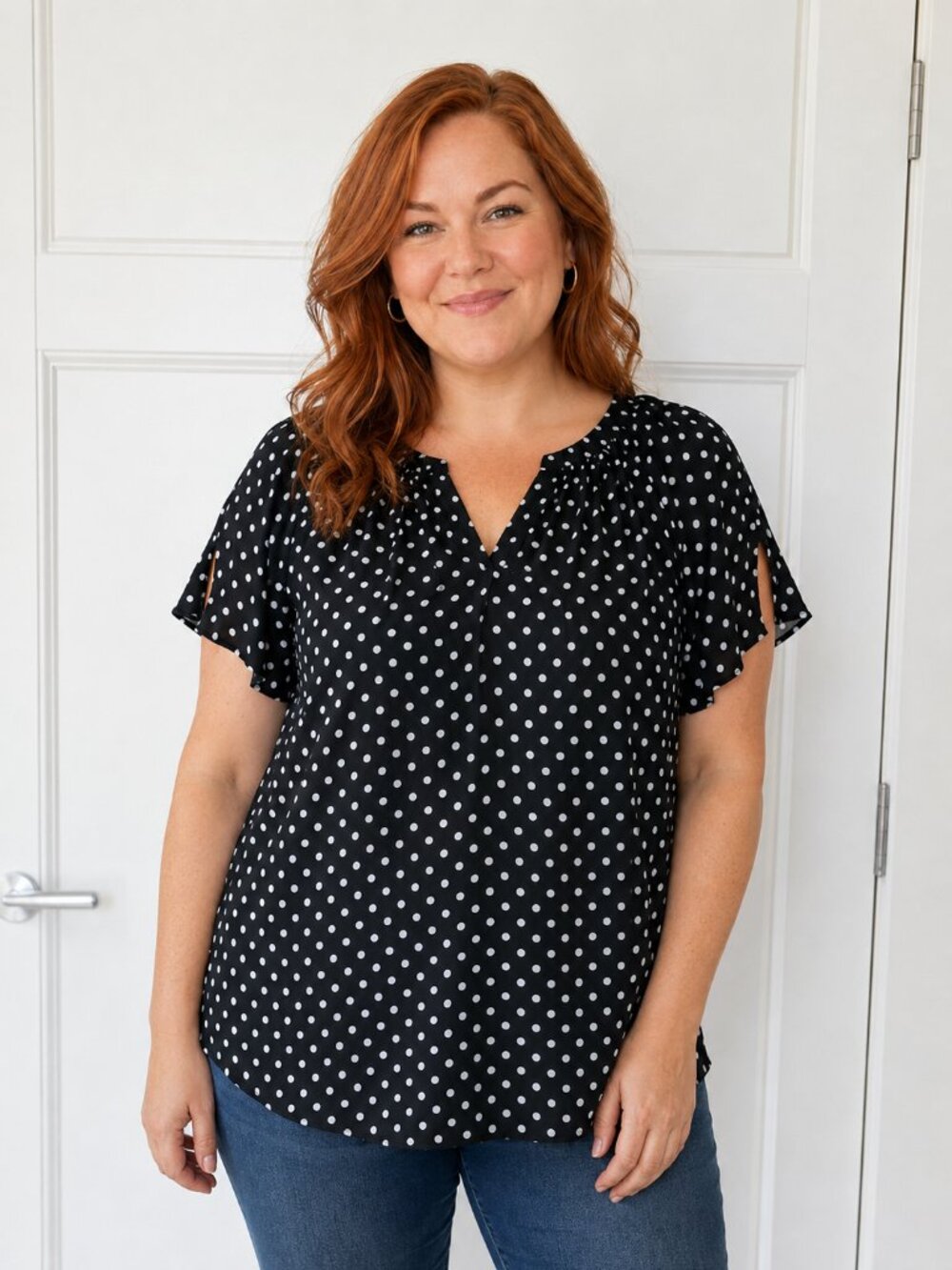 NWT Como Vintage 1X Polka Dot Short Flutter Split Sleeve Top